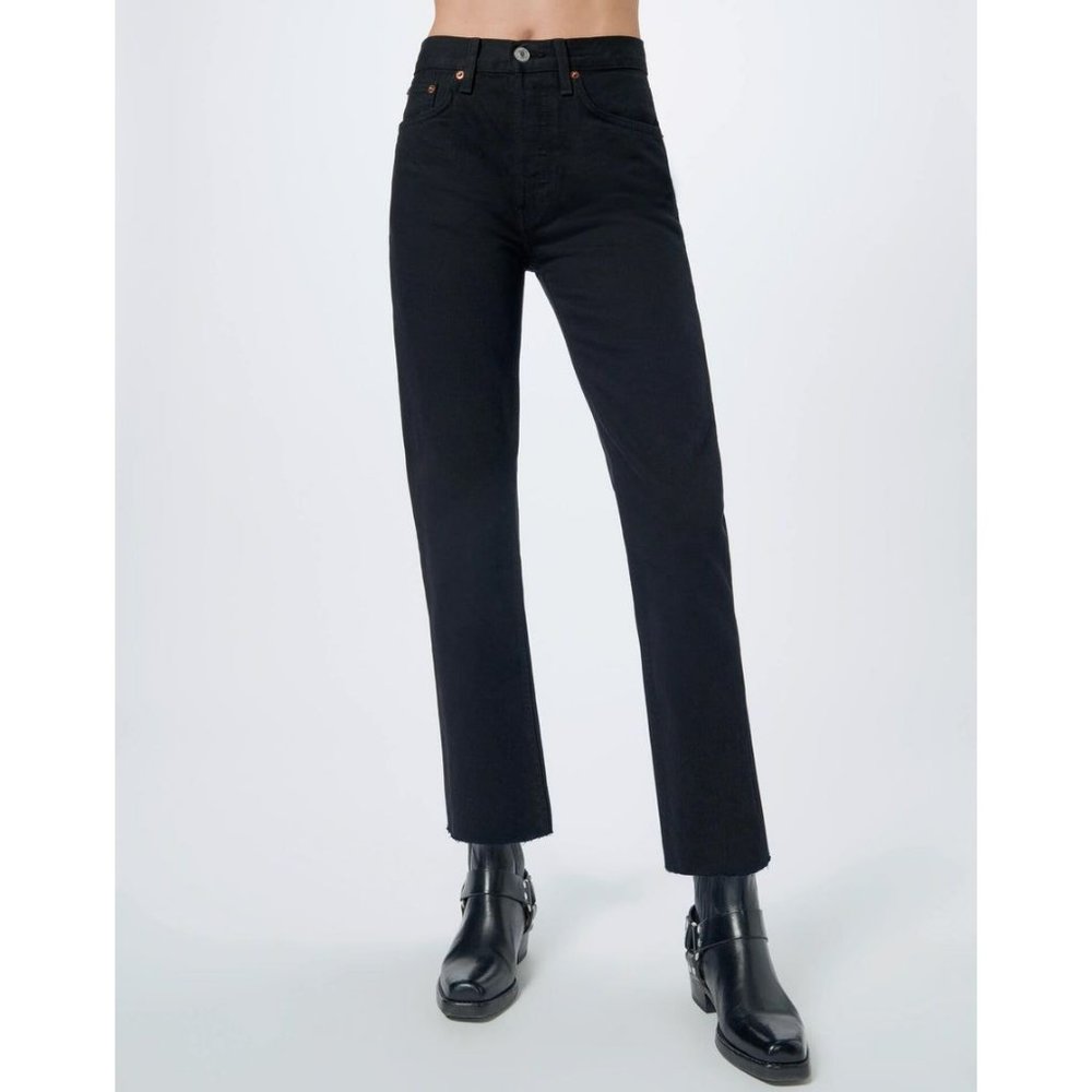 Re/Done | High Rise Stove Pipe Black Wash Denim Straight Leg Cropped Jeans